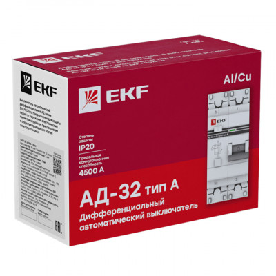 Фотография Дифференциальный автомат АД-32 1P+N 32А/30мА (тип А) EKF PROxima, артикул DA32-32-30-a-pro