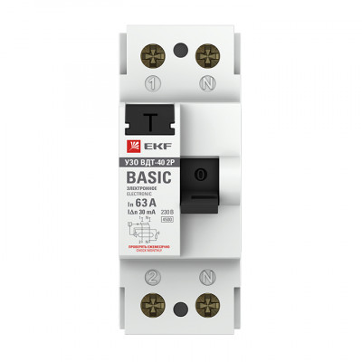Фотография Устройство защитного отключения УЗО ВДТ-40 2P 63А/ 30мА (электронное) EKF Basic, артикул elcb-2-63-30e-sim