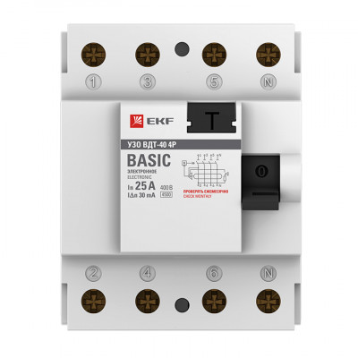 Фотография Устройство защитного отключения УЗО 4P 25А/30мА (электронное) EKF Basic, артикул elcb-4-25-30e-sim