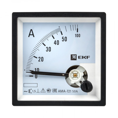Фотография Амперметр AMA-721 аналоговый на панель (72х72) квадратный вырез 50А прямое подкл. EKF, артикул ama-721-50