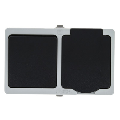 Фотография Блок розетка-выкл. 1-кл. 16А с/з с крышкой IP54 сер. с защ. штор. Венеция EKF PROxima, артикул EVRV16-050-30-540