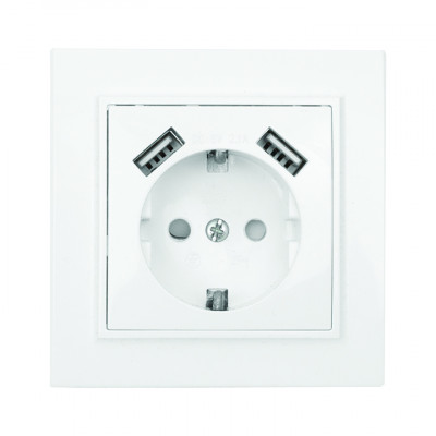Фотография Минск Розетка 1-местная СП с/з 16А белая с защ. штор. с 2 USB 2,1А EKF, артикул ERR16-028-100-2USB
