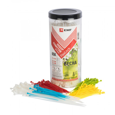 Фотография Набор хомутов цветных Весна (650 шт.): 2,5х100, 3,6х200, 3,6х280 FlexLock PROxima, артикул plc-fl-set-sp