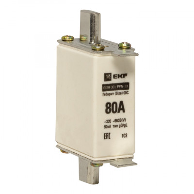 Фотография Плавкая вставка ППН-33 100/ 80А габарит 00С EKF PROxima, артикул fus-33/100/80