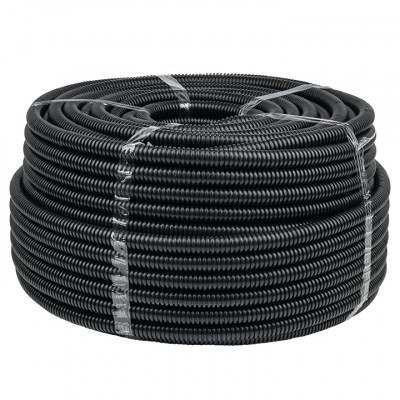 Фотография Труба гофрированная негорючая безгалогеновая FRHF с протяжкой d50 мм (20 м) черная EKF-Plast, артикул FRHF-50