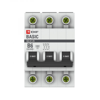 Фотография Автоматический выключатель 3P  6А (B) 4,5кА ВА 47-29 EKF Basic, артикул mcb4729-3-06-B