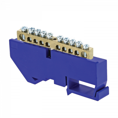 Фотография Шина 0 N (6х9мм) 10 отверстий латунь синий изолятор на DIN-рейку EKF PROxima, артикул sn0-63-10-d