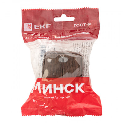 Фотография Выключатель 2-клавишный ОП Минск 10А с индикатором тёмное дерево EKF, артикул EGV10-123-40