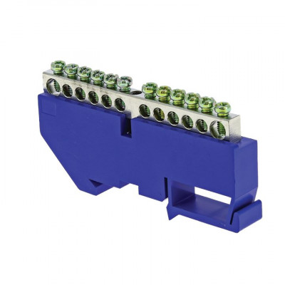 Фотография Шина 0 N (6x9мм) 14 отв. цинк синий изолятор на DIN-рейку EKF PROxima, артикул sn1-63-14-d