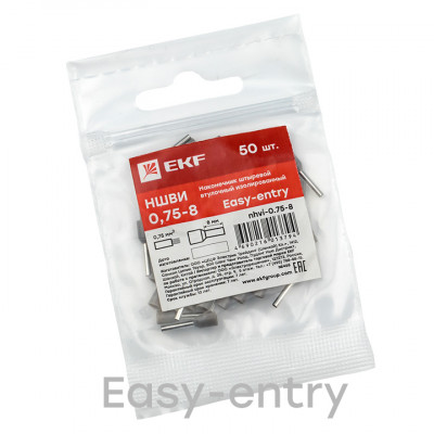 Фотография Наконечник штыревой втулочный изолированный  НШвИ 0,75-8 (50шт.) EKF PROxima, артикул nhvi-0.75-8