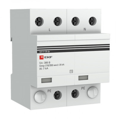 Фотография Устройство защиты от импульсных перенапряжений Тип 1 Iimp 25kA (10/350μs) 2P EKF, артикул spd-t1-25-2p