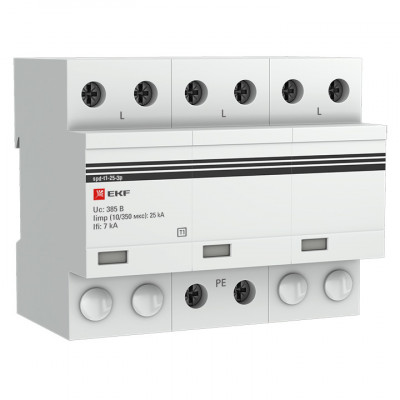 Фотография Устройство защиты от импульсных перенапряжений Тип 1 Iimp 25kA (10/350μs) 3P EKF, артикул spd-t1-25-3p