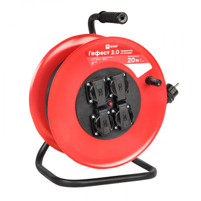 Фотография Удлинитель на катушке Гефест 2.0 4 гнезда 20м с заземлением и предохранителем КГ 3*2,5 16А/3,5кВт IP44 PROxima, артикул UKG02-16-R325-4-20-IP44