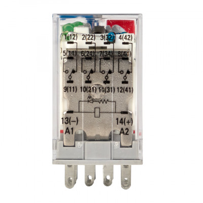 Фотография Реле промежуточное с кнопкой и мех. Индикацией RPAt 22/4 5A 24В DC EKF AVERES, артикул rpat-22-4-24DC