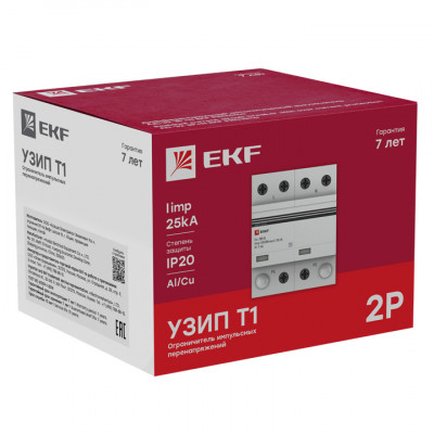 Фотография Устройство защиты от импульсных перенапряжений Тип 1 Iimp 25kA (10/350μs) 2P EKF, артикул spd-t1-25-2p