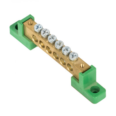 Фотография Шина 0 PE 8x12мм 6 отверстий латунь с контактной пластиной 2 зелёных угловых изолятора EKF PROxima, артикул sn0-125-06-2-pe