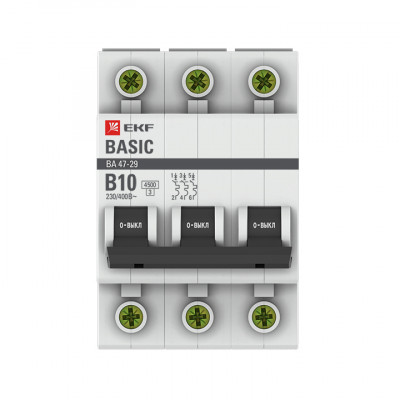 Фотография Автоматический выключатель 3P 10А (B) 4,5кА ВА 47-29 EKF Basic, артикул mcb4729-3-10-B