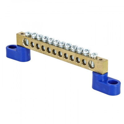 Фотография Шина 0 N (6х9мм) 12 отверстий латунь 2 синих угловых изолятора EKF PROxima, артикул sn0-63-12-2