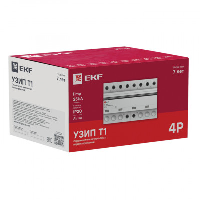Фотография Устройство защиты от импульсных перенапряжений Тип 1 Iimp 25kA (10/350μs) 4P EKF, артикул spd-t1-25-4p