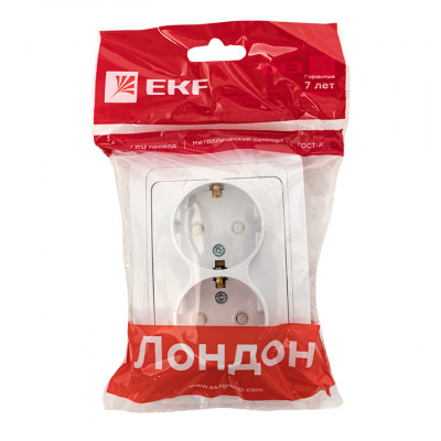 Фотография Лондон Розетка 2-местная с заземлением 16А белая с защ. штор. EKF PROxima, артикул EER16-128-100