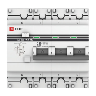 Фотография Дифференциальный автомат АД-32 (селективный) 3P+N 20А/100мА EKF PROxima, артикул DA32-20-100S-4P-pro