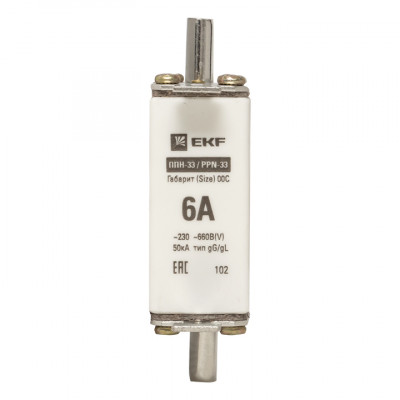 Фотография Плавкая вставка ППН-33 100/6А габарит 00С EKF PROxima, артикул fus-33/100/6