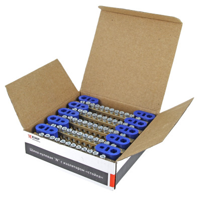 Фотография Шина 0 N (8х12мм) 12 отверстий латунь 2 синих угловых изолятора EKF PROxima, артикул sn0-125-12-2
