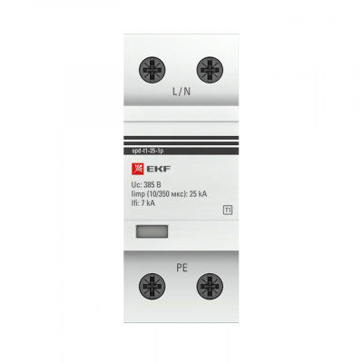 Фотография Устройство защиты от импульсных перенапряжений Тип 1 Iimp 25kA (10/350μs) 1P EKF, артикул spd-t1-25-1p