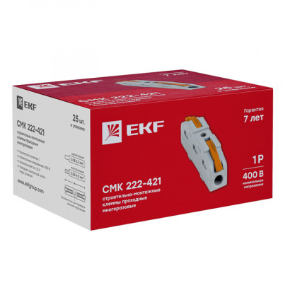 Фотография Строительно-монтажная клемма СМК 222-421 проходная 1 полюс 0,08-4мм2 (25шт.) EKF PROxima, артикул plc-smk-421