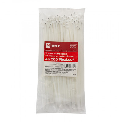 Фотография Хомут нейлоновый со стальным зубом (б), 4x200 (100шт) EKF PROxima, артикул plc-fl-ctsbw-4x200