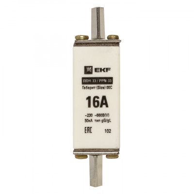 Фотография Плавкая вставка ППН-33 100/ 16А габарит 00С EKF PROxima, артикул fus-33/100/16