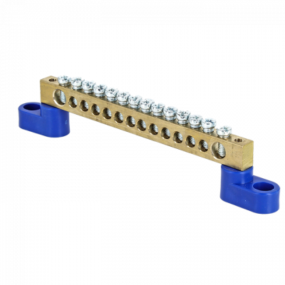 Фотография Шина 0 N (6х9мм) 14 отверстий латунь 2 синих угловых изолятора EKF PROxima, артикул sn0-63-14-2