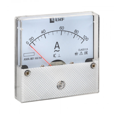 Фотография Амперметр AMA-801 аналоговый на панель (80х80) круглый вырез 100А трансф. подкл. EKF, артикул ama-801-100