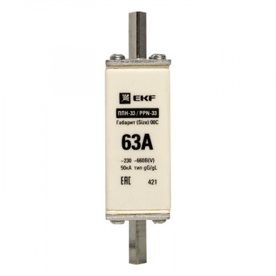 Фотография Плавкая вставка ППН-33 100/ 63А габарит 00С EKF PROxima, артикул fus-33/100/63