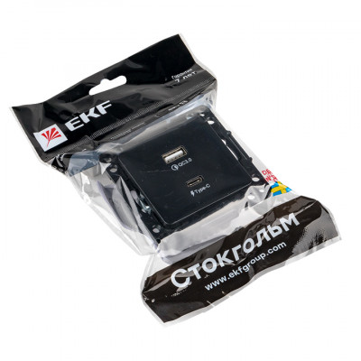 Фотография Стокгольм Механизм Розетки с 2USB type-A + type-C черный  EKF PROxima, артикул EZR-2USB-type-C