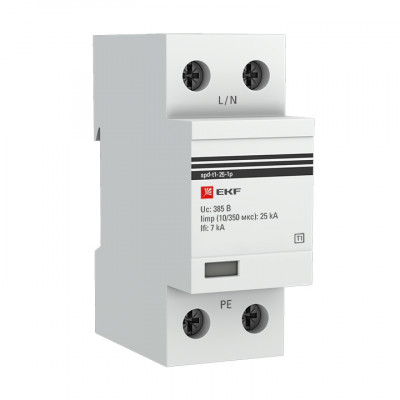Фотография Устройство защиты от импульсных перенапряжений Тип 1 Iimp 25kA (10/350μs) 1P EKF, артикул spd-t1-25-1p