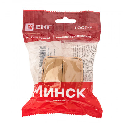 Фотография Выключатель 2-клавишный ОП Минск 10А светлое дерево EKF, артикул EGV10-023-30