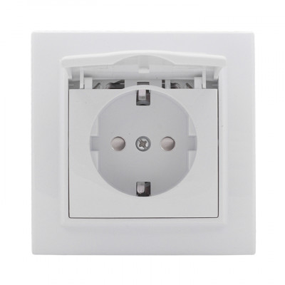 Фотография Минск Розетка 1-местная СП с заземлением и крышкой 16А белая с защ. штор. EKF Basic, артикул ERR16-029-100