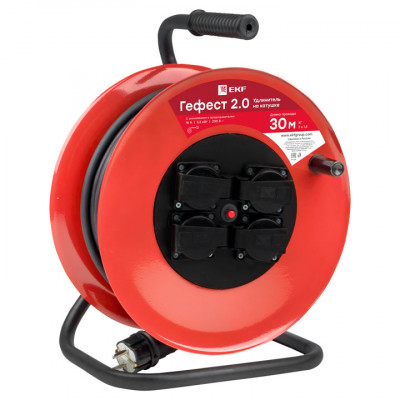 Фотография Удлинитель на катушке Гефест 2.0 4 гнезда 50м с заземлением и предохранителем КГ 3*2,5 16А/3,5кВт IP44 PROxima, артикул UKG02-16-R325-4-50-IP44