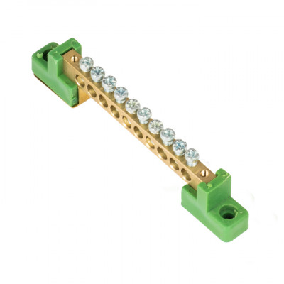 Фотография Шина 0 PE 6x9мм 10 отверстий латунь с контактной пластиной 2 зелёных угловых изолятора EKF PROxima, артикул sn0-63-10-2-pe