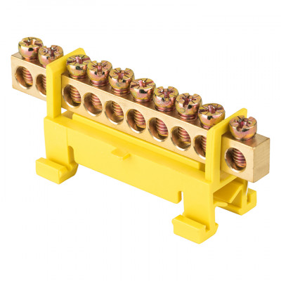 Фотография Шина 0 PE (6х9мм) 10 отверстий латунь желтый изолятор тип Стойка на DIN-рейку EKF PROxima, артикул sn0-63-10-sy
