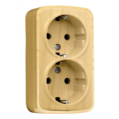 Фотография Розетка 2-местная ОП Минск 16А с заземлением светлое дерево EKF, артикул EGR16-128-30