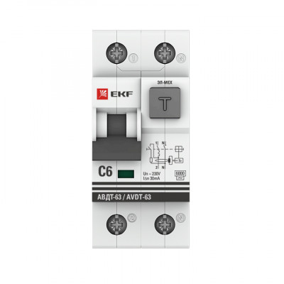Фотография Дифференциальный автомат АВДТ-63   6А/ 30мА (характеристика C, эл-мех тип AС) 6кА EKF PROxima, артикул DA63-6-30-AC