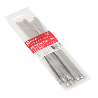 Фотография Хомут AISI 304 из нержавеющей стали, 7.9x200 (10 шт.) FlexLock PROxima, артикул plc-fl-tss-304-7.9x200-r