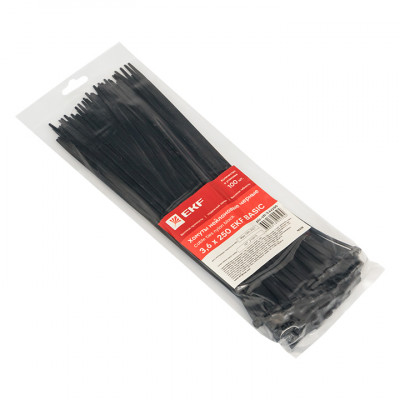 Фотография Хомут нейлоновый черный (3,6х250) (100шт.) EKF Basic, артикул plc-cb-3.6x250