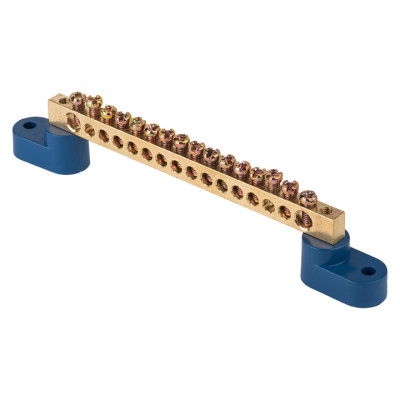 Фотография Шина 0 N (8х12мм) 16 отверстий латунь 2 синих угловых изолятора EKF PROxima, артикул sn0-125-16-2
