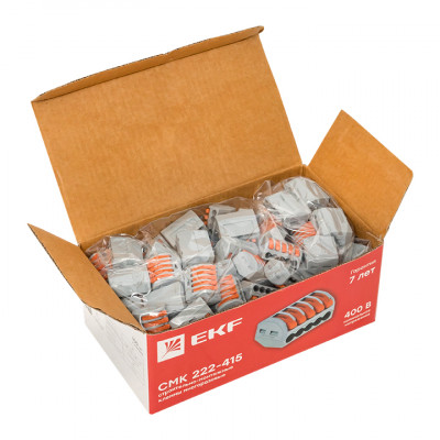 Фотография Строительно-монтажная клемма СМК 222-415 с рычагом 5 отверстий 0,08-2,5мм2 (100шт.) EKF PROxima, артикул plc-smk-415