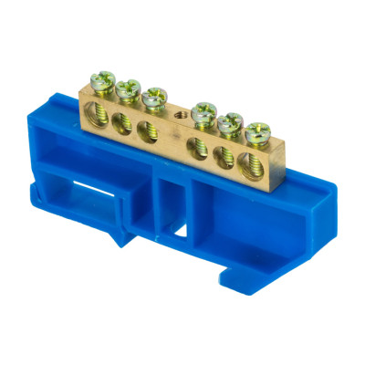 Фотография Шина 0 N (8х12мм) 6 отверстий латунь синий изолятор на DIN-рейку розничный стикер EKF  PROxima, артикул sn0-125-6-d-r