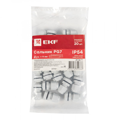 Фотография Сальник PG7 IP54 (20 шт) d отв. 11 мм / d провод. 3-6,5 мм EKF PROxima, артикул plc-pg-7-r
