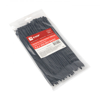 Фотография Хомут нейлоновый черный (3,6х200) (100шт.) EKF Basic, артикул plc-cb-3.6x200